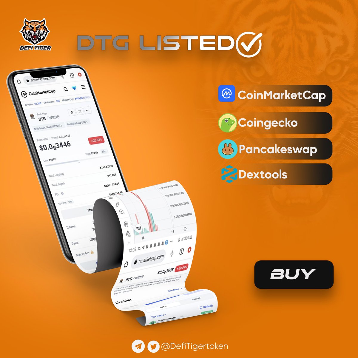 DEFI TIGER TOKEN IS HERE TO STAY !!

12K holders, listed on coin market cap and coin gecko. 

Be a part of this great community and buy this low cap gem ;

CA : 0xb1957BDbA889686EbdE631DF970ecE6A7571A1B6

$DTG #BNB