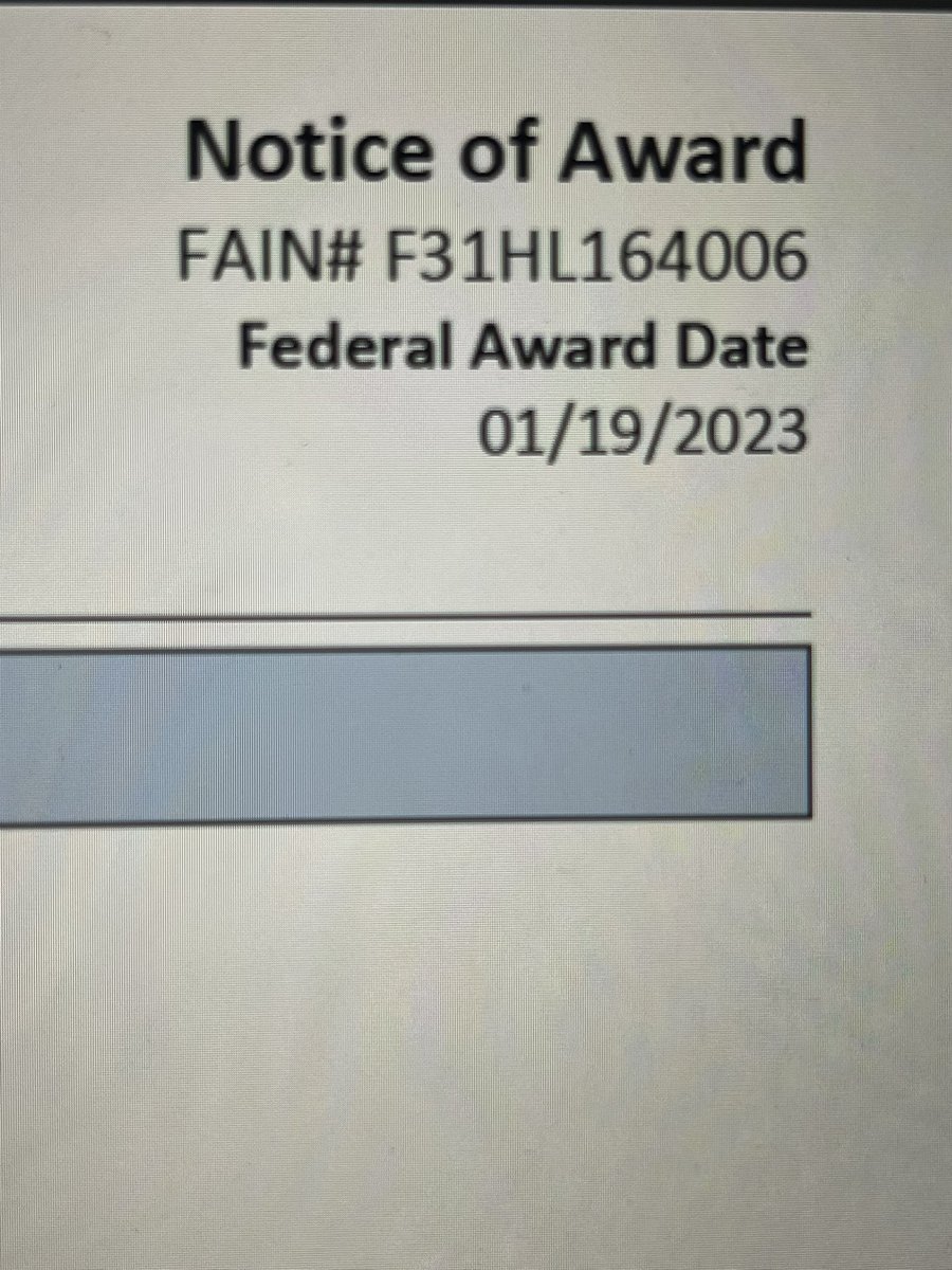 Very excited to share the official notice of award for my #NRSA #F31 from @nih_nhlbi! I am very grateful for this opportunity and the support of my mentors (especially <a href="/lab_mcdonald/">Merry-Lynn McDonald</a> ).  I can’t wait to share my findings for the genetic epidemiology of comorbid #GERD and #COPD.