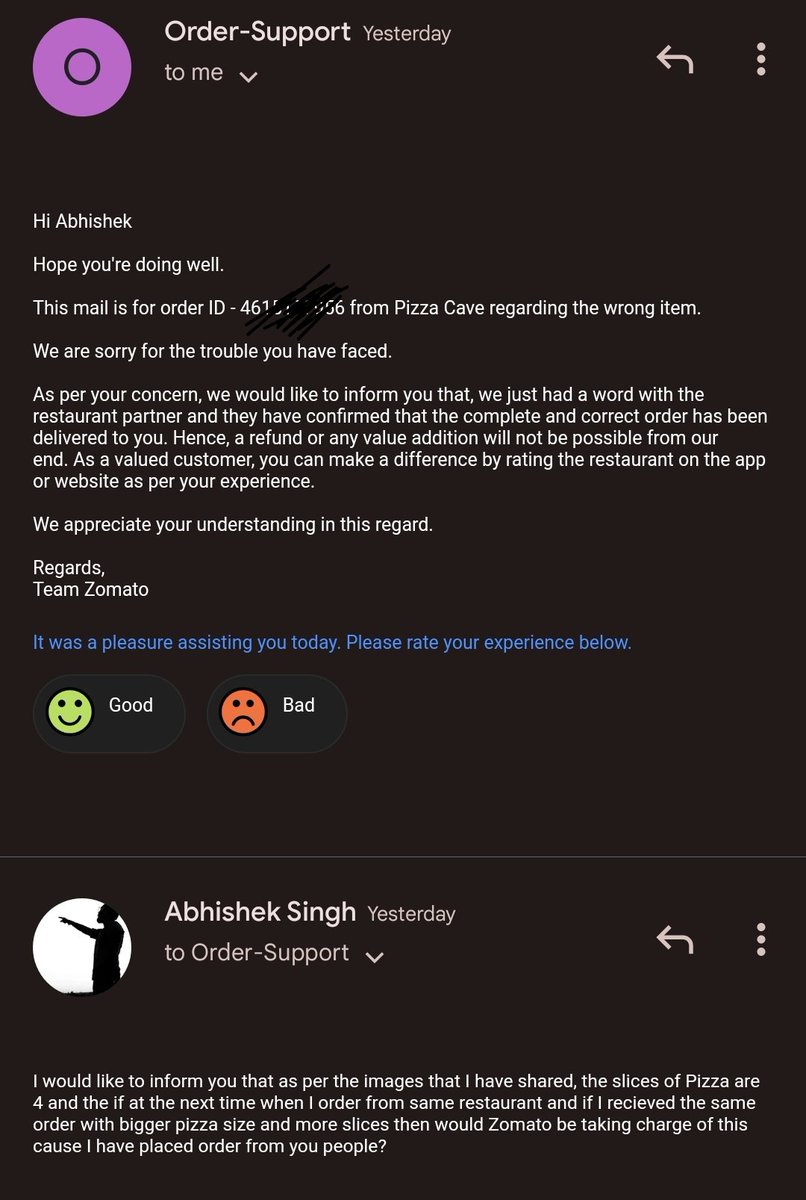 nicketsingh's tweet photo. Great Support from Zomato ✌ Never helps even if it is their fault. #Zomato @deepigoyal @zomato https://t.co/wXyecQuaeR