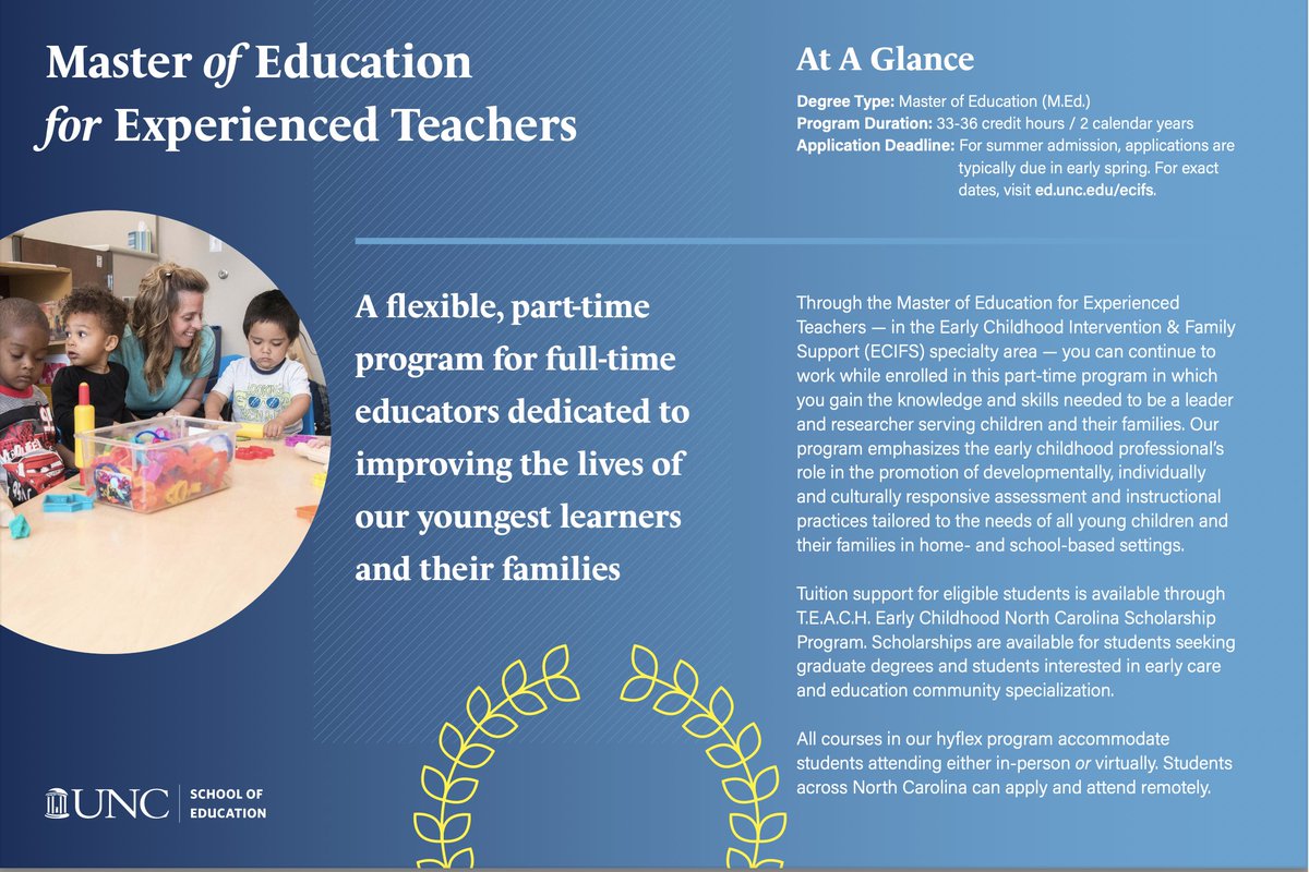 Early Childhood and Early Intervention Friends and Colleagues: Please share information about UNC's master's degree program in early childhood intervention &amp; family support for experienced educators and providers! Applications are due March 14th! Reach out if you want more info!