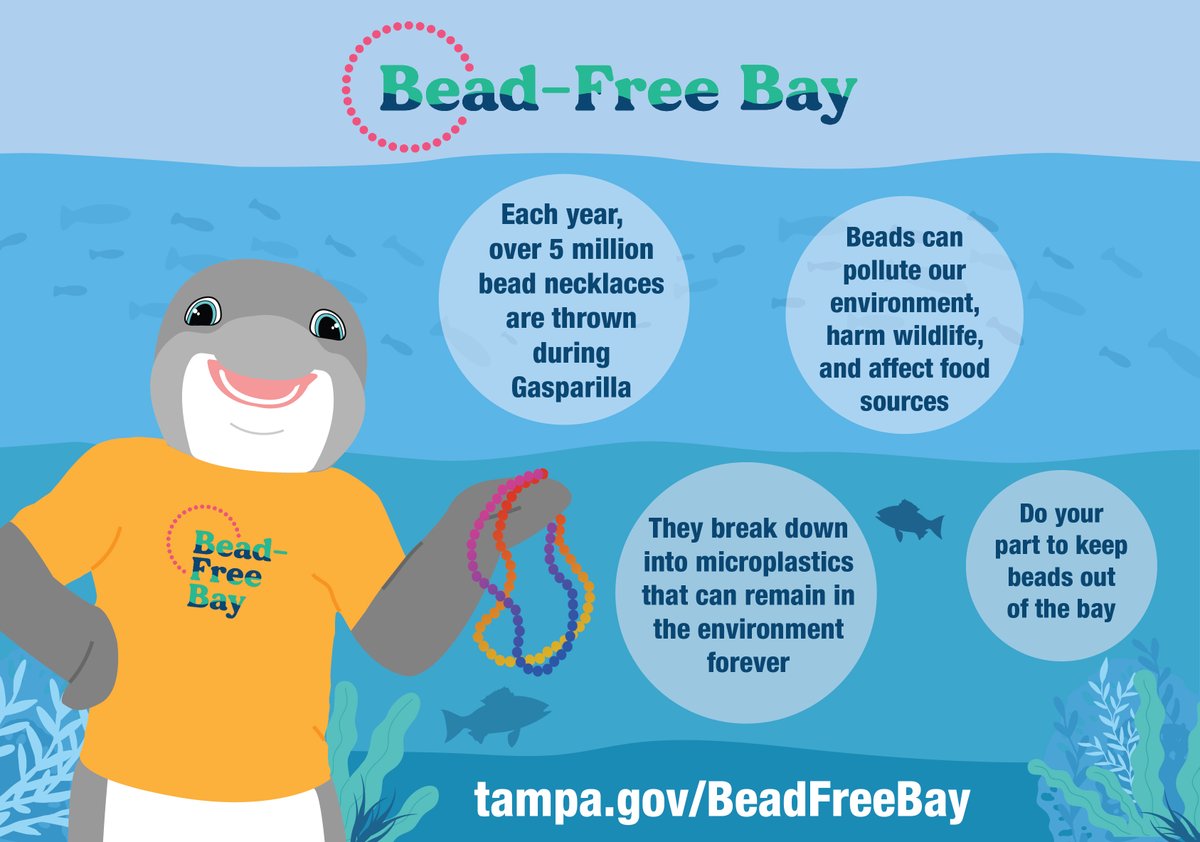 CityofTampa's tweet photo. Skipper needs your help to keep beads out of the bay.
Beads can pollute our environment, harm wildlife, and leave microplastics in our ecosystem forever. ☹️
Keep beads on LAND and not in our waterways. Learn more about #BreadFreeBay: https://t.co/grdWV0MMUY https://t.co/UFFopQuqZo