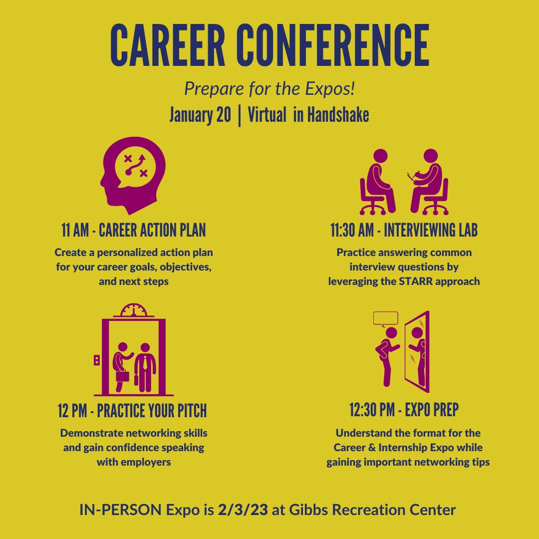 Need help preparing for the Career Expo? 

The CCD has you covered with the Career Conference on January 20th! Join our 4-part webinar series to prepare for recruiting, the expo, networking, and interviewing skills.

RSVP via Handshake: ow.ly/StKl50Mv5jm