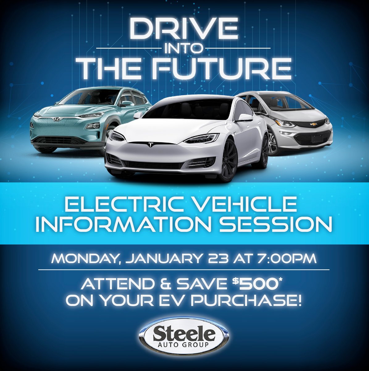 steeleauto's tweet photo. Attend our EV Webinar, Leading the Charge: Driving Into the Future With Electric Vehicles on January 23rd at 7pm and SAVE $500* on the purchase of an EV. ⚡���

Register today at the link below.
https://t.co/g4iB2CxBzt

#SteeleAutoGroup #WhySteeleAuto #SteeleEVSalesEvent https://t.co/pMIArja30C