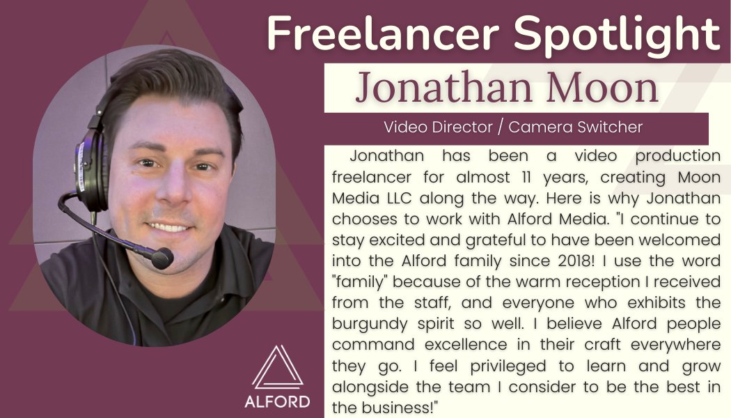 alfordmedia's tweet image. Freelancer Spotlight
Meet Jonathan Moon, who has been freelancing with Alford Media since 2018 as a Video Director / Camera Switcher.
Thank you, Jonathan, for everything you do to help ensure our events are always a success!