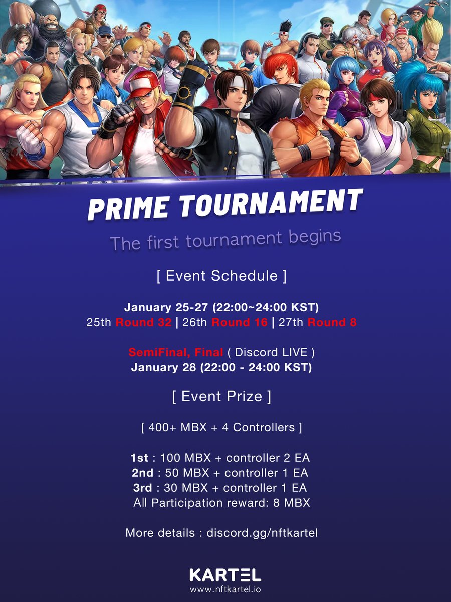 kartel_nft's tweet photo. 🏆The first Prime Tournament announcement🏆
@ArenaKof @officialPlayOne @MARBLEXofficial 

[Event Prizes]

1st: 100MBX + 2 Controllers
2nd: 50MBX + 1 Controller
3rd: 30MBX +  1 Controller 
All Participation Rewards: 8MBX

How to join❓
➡https://t.co/KZTywPR80U

#P2E #NFT #PRIME https://t.co/vIIuqLVbkD