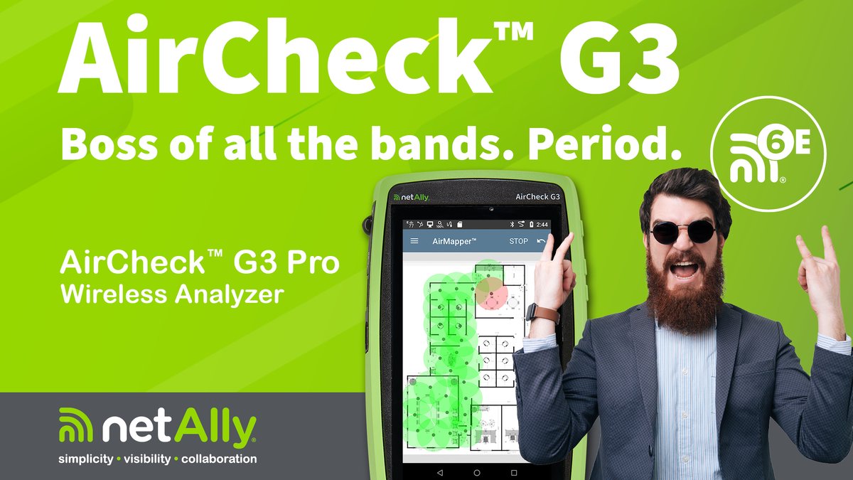 NetAlly's tweet photo. Learn why the @NetAlly AirCheck G3 is the "Boss of all the bands"🎸 Watch this quick clip on its Wi-Fi 6 channel capabilities. https://t.co/wRohmydAYU

 #AirCheckG3   #NettyKnows  #WiFi6 https://t.co/9d6hLZJicR