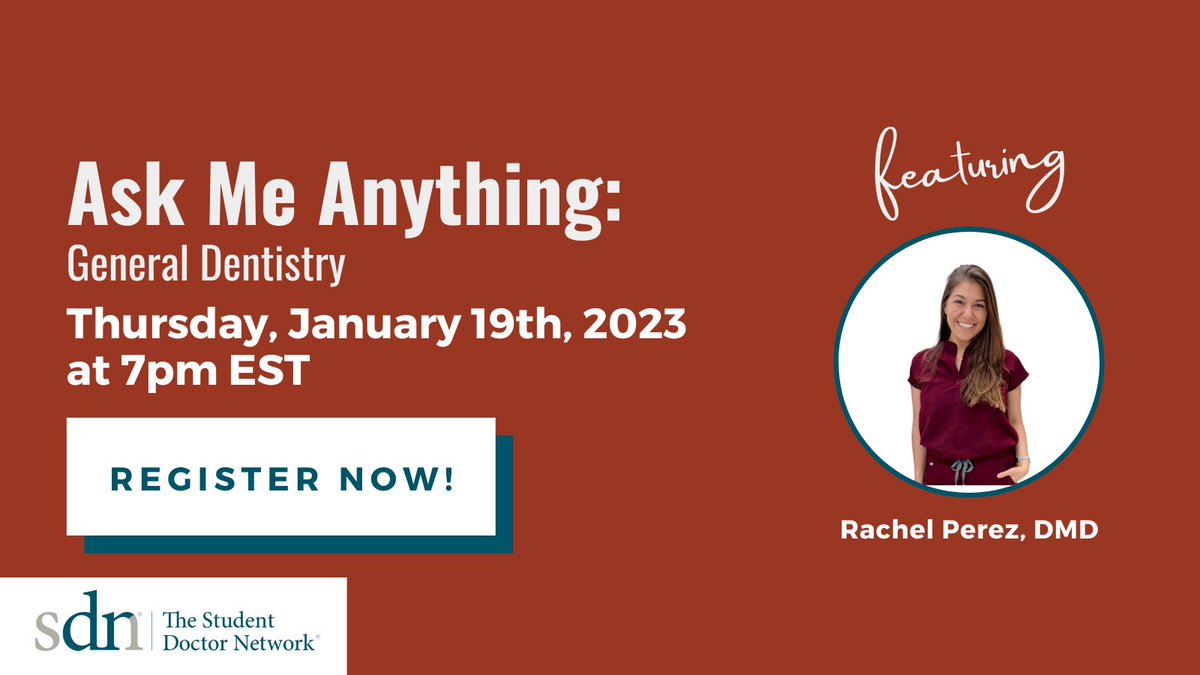 studentdoctor's tweet image. Tonight at 7pm EST SDN is joined by Dr. Rachel Perez for an AMA about dentistry!  Learn about what it takes to get from #predental to practice as Dr. Perez answers your questions, registration link below! #predent #futuredentist #DAT #DMD #dentistry 

mailchi.mp/414e78f0266f/z…