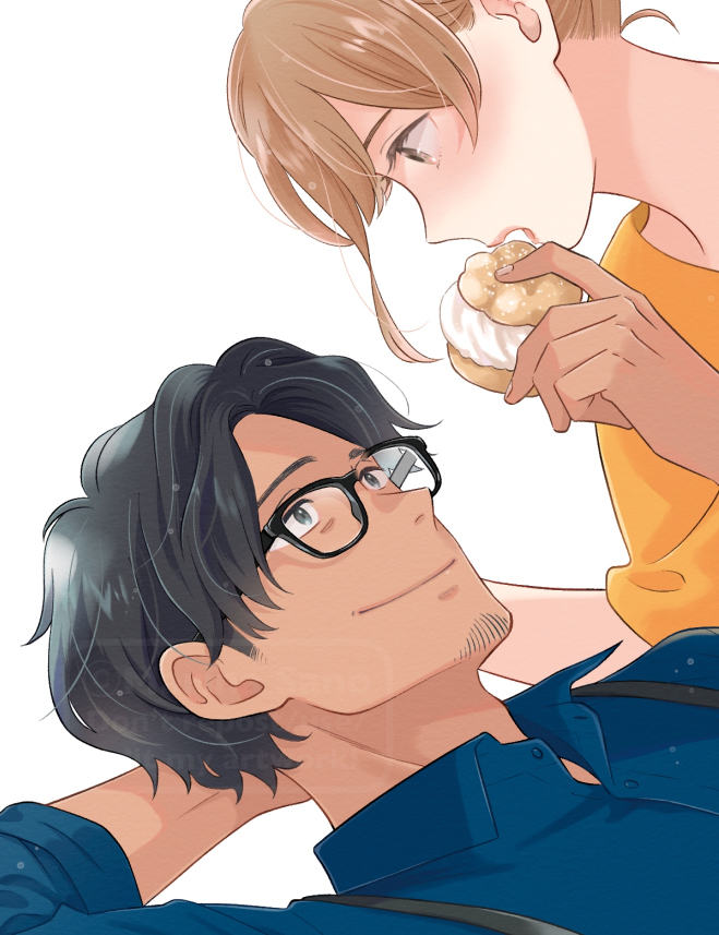 1girl 1boy glasses food shirt black hair blue shirt  illustration images