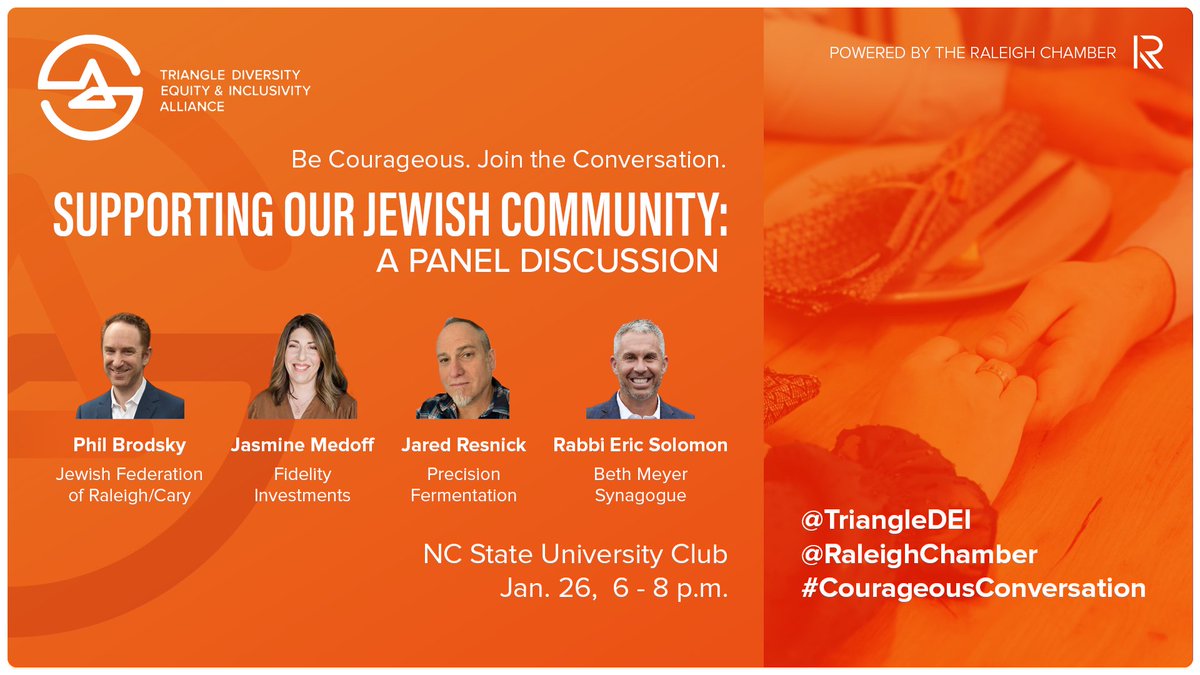 JewishFedofRC's tweet photo. We are proud to partner with @triangledei of @raleighchamber on "Courageous Conversation: Supporting Our Jewish Community." #CourageousConversation To register, visit https://t.co/grr4EUF4PB https://t.co/TaOMfx17pO