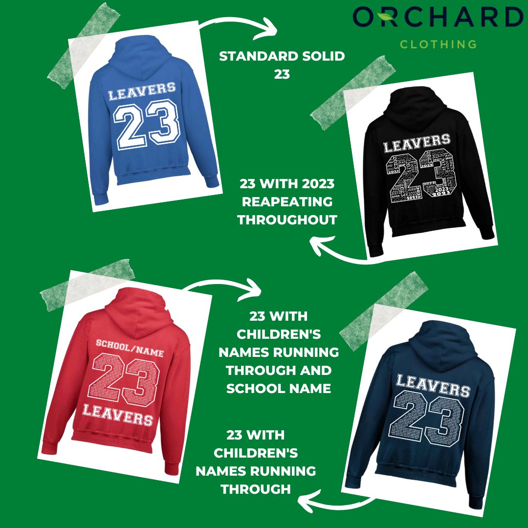 Leavers hoodies now available to order!They can be customised in many ways. Contact us to order today (Bio) or visit parents.orchardschoolwear.co.uk/uniform/2023_L…

#leavers23 #leavershoodies #orchardclothing #leavershoodies23 #23leavers #2023leavershoodies #embroidery #printing #schoolwear #workwear