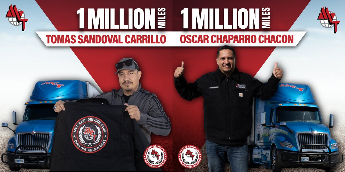 MVTServices's tweet photo. Congratulations to Drivers Oscar Chaparro and Tomas Sandoval for reaching an outstanding milestone of a million miles driven safely! Our company is proud to have such dedicated drivers behind the wheel. Keep it up!🏆

💻https://t.co/hSNTMPB82i | 📞915-900-7023

#DriveforMVT #MVT https://t.co/uICjR4fZZp
