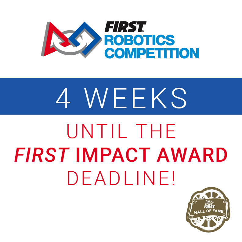 FIRSTHallofFame's tweet image. 4 weeks to go! Don't forget the new Executive Summary questions. Copy them into a document to get started! Got questions about the questions? Let us know! 
#FIRSTImpactAward
#omgrobots
#RapidReact 
#FIRSTChargedUp
#STEMsquad 
#MoreThanRobots