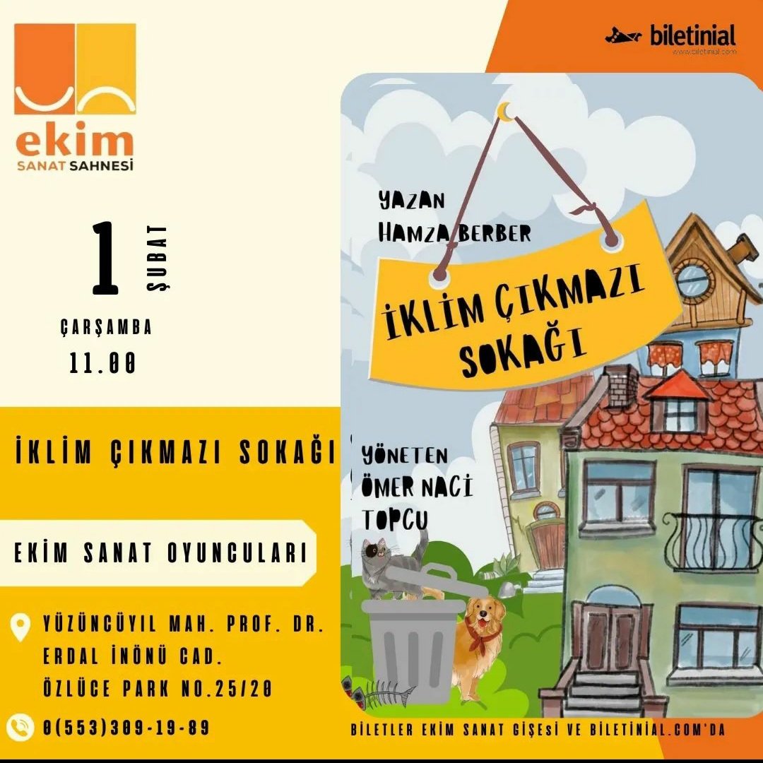 İklim Çıkmazı Sokağı çocuk oyunumuz Sömestr'de sizlerle..

📅 1 Şubat Çarşamba
⏲ 11:00
📍 Ekim Sanat Sahnesi

Biletler: biletinial.com/mekan/ekim-san…