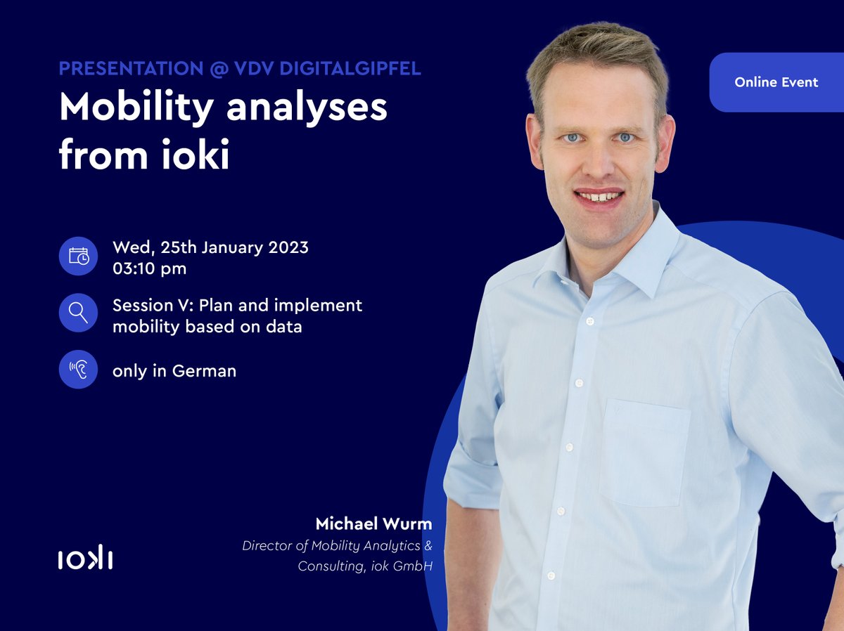 ioki_mobility's tweet photo. On 25.01. our Director of Mobility Analytics & Consulting Michael Wurm will speak at @VDV_Verband's #Digitalgipfel
⏰ 03:10 pm
📍SESSION V
📢 Mobility analyses
💬 German
Interested in #mobilityanalytics & the digital transformation of #publictransport?👇
https://t.co/K1REVAC33B https://t.co/1DgPf8DiI9