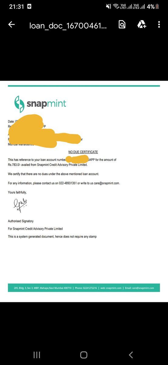 lavalabs3's tweet photo. @SnapmintEmi My order through snapmint was completed for Rs1000. I have paid all my emi's, then i have downloaded NOC given below the order and it shows 738rs only. What's the issue? https://t.co/s3znz7r5Ye