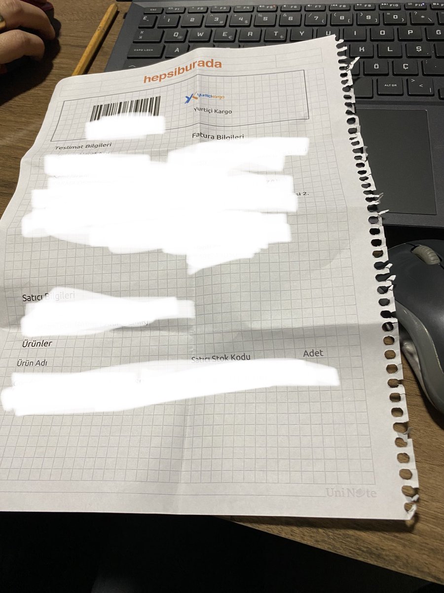 A4 bitmiş yenisini almaya üşenip irsaliyeyi kareli defter yaprağına basıp yollamışlar sanırım