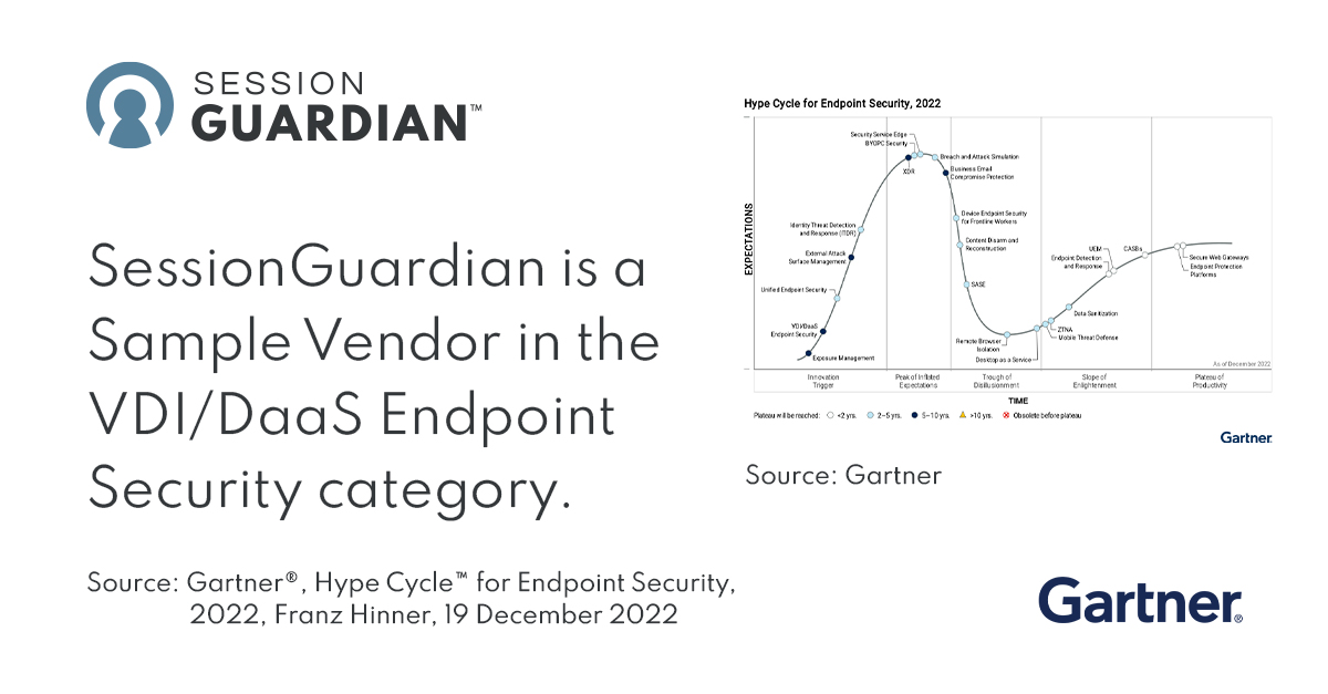 SessionGuardian's tweet image. For the second year in a row, SessionGuardian has been recognized as a Sample Vendor for VDI/DaaS Endpoint Security in the Gartner® Hype Cycle™ for Endpoint Security, 2022. 

To learn more about VDI/DaaS security, download the full report here: hubs.la/Q01ygSKh0