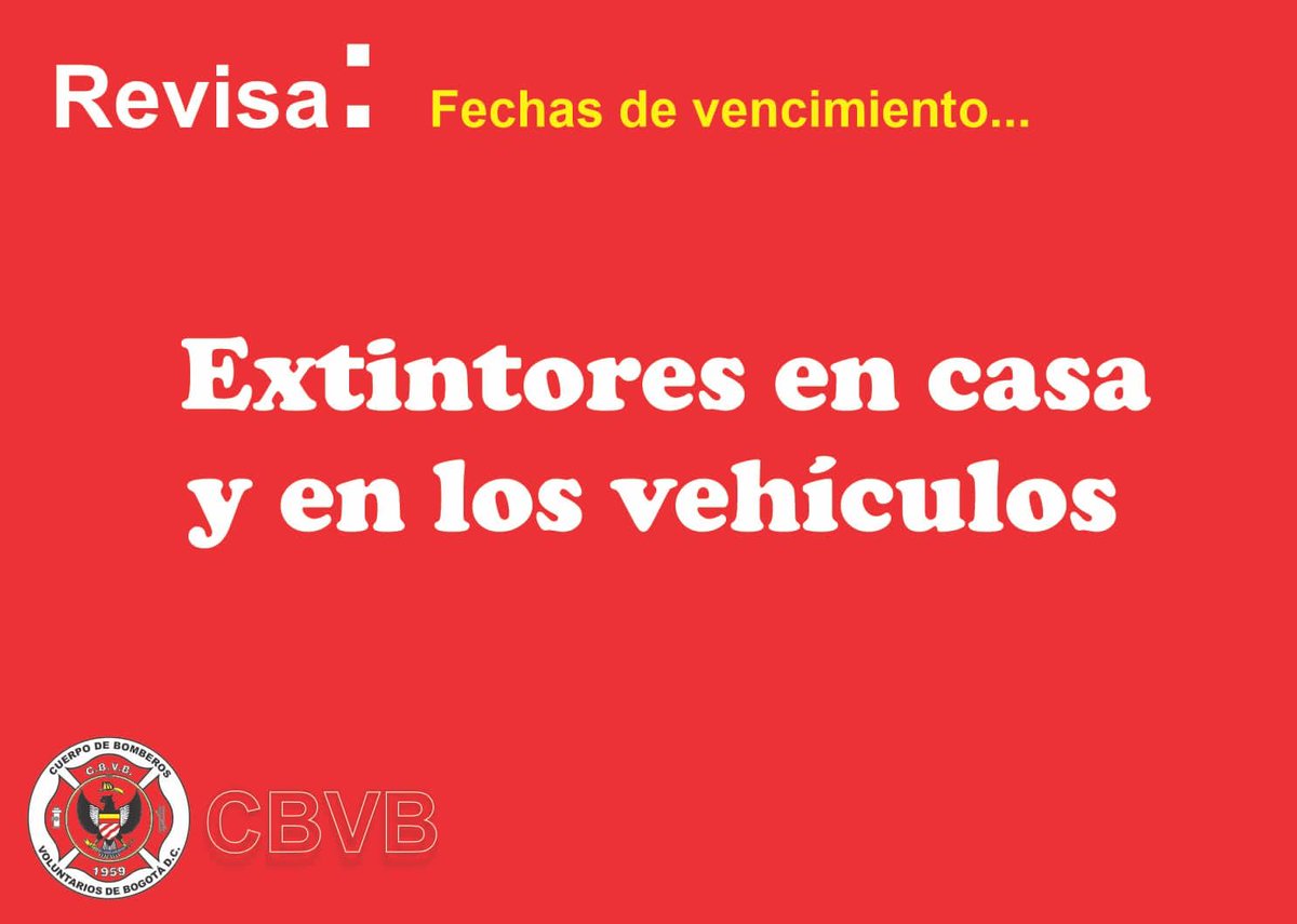 BrosVolunBogota's tweet photo. 👩🏻🚒 #FelizJueves extendemos una invitación para realizar la revisión y mantenimiento de 🧯. El #CBVB le apuesta a una cultura de prevención. 🏬 #HonorValorDisciplina | #19Ene #Noticias 📃 Podemos ayudarlos, contáctenos ☎️ (601) 9272727. https://t.co/tVfvJxt1yH