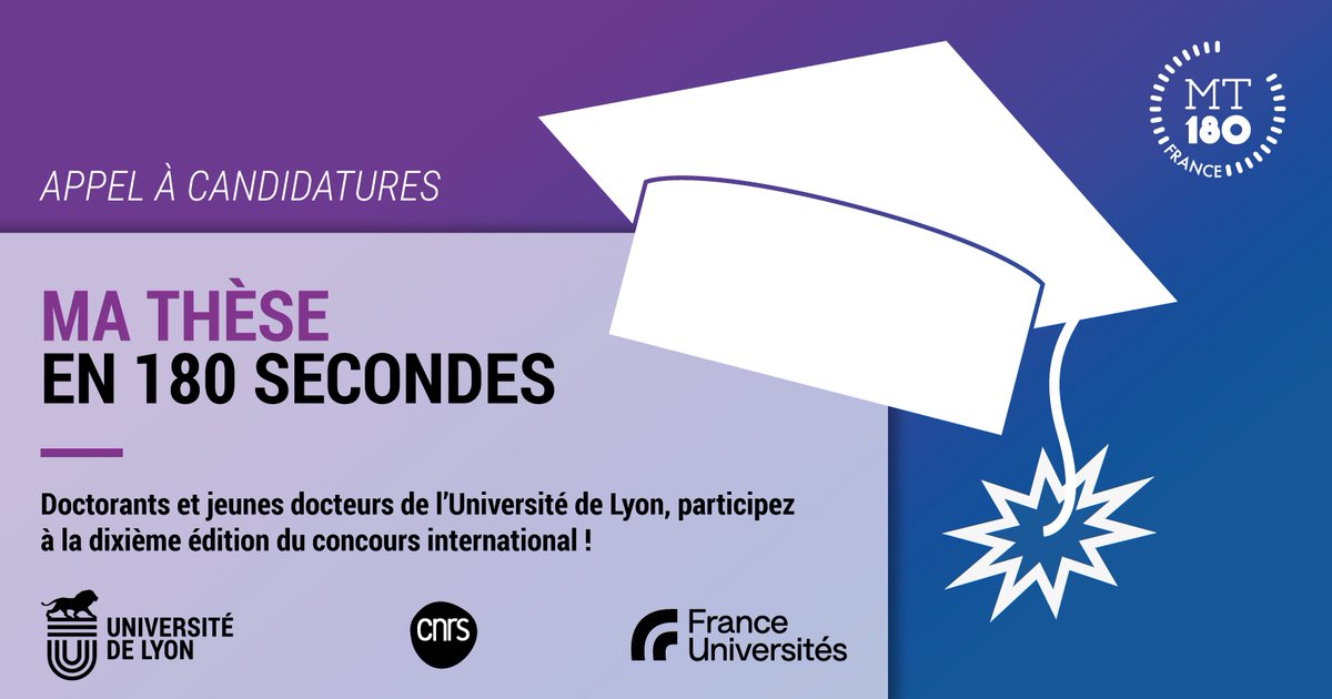 🎓 APPEL À CANDIDATURES #MT180
⌛ Plus qu'1 mois pour candidater au concours <a href="/MT180FR/">MT180</a> !
Doctorants et jeunes docteurs du site #Lyon #SaintÉtienne, inscrivez-vous avant le 21 février et préparez une vidéo 🎥 de 3 min. de votre sujet de thèse vulgarisé !
👉 bit.ly/UdL_MT180_2023