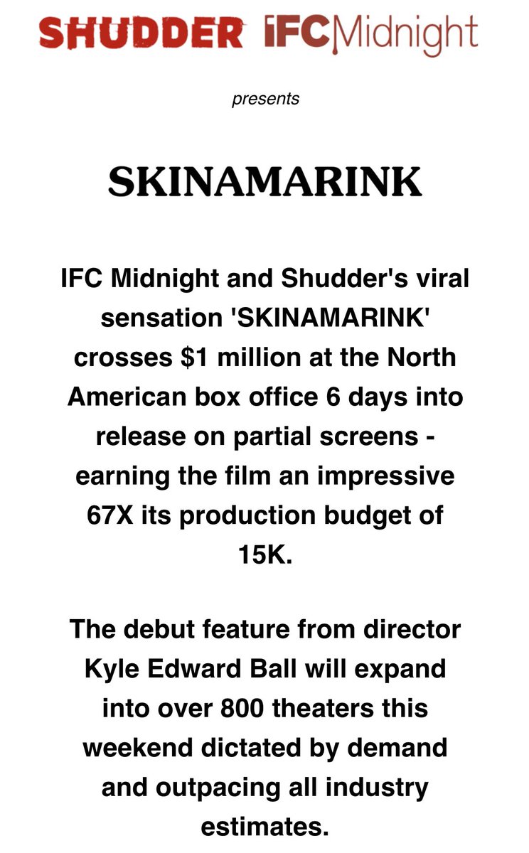 Skinamarink crossing $1M in the states is big for a lot of reasons. One of the biggest for me is that is serves as a (limited) case study on the impacts of piracy in today’s market. That movie leaked months ago, and it’s STILL killing it at the box office.