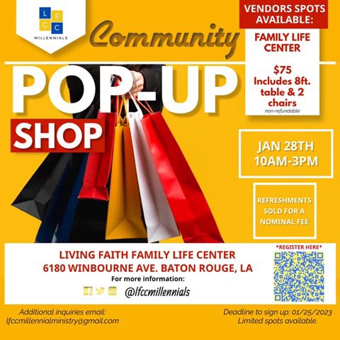 lfccmillennials's tweet photo. BATON ROUGE &amp; SURROUNDING AREAS‼️

JOIN US FOR OUR…

COMMUNITY WIDE POP UP SHOP

SATURDAY, JANUARY 28th 
10am to 3pm

Register via the link or QR Code‼️

https://t.co/2BUFMUvHVL

See you soon‼️ https://t.co/KobixfpoDk