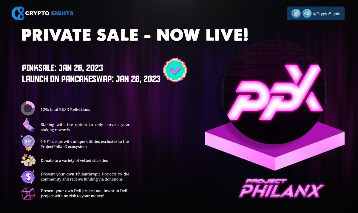 🔹 Hello Philanthropists! Private Sale <a href="/ProjectPhilanX/">ProjectPhilanX</a> NOW LIVE!

▶️Registration From: forms.gle/BznCTXYFL8sCdt…

⏰ Presale with #Pinksale start : Jan 26th,2023
🎲1 #BNB ~ 2 Billion $PPX tokens
🎲0.2 #BNB ~ 400M $PPX Tokens

<a href="/hey_wallet/">Hey Wallet!</a> send 10000 $fronk to the first 200 retweets