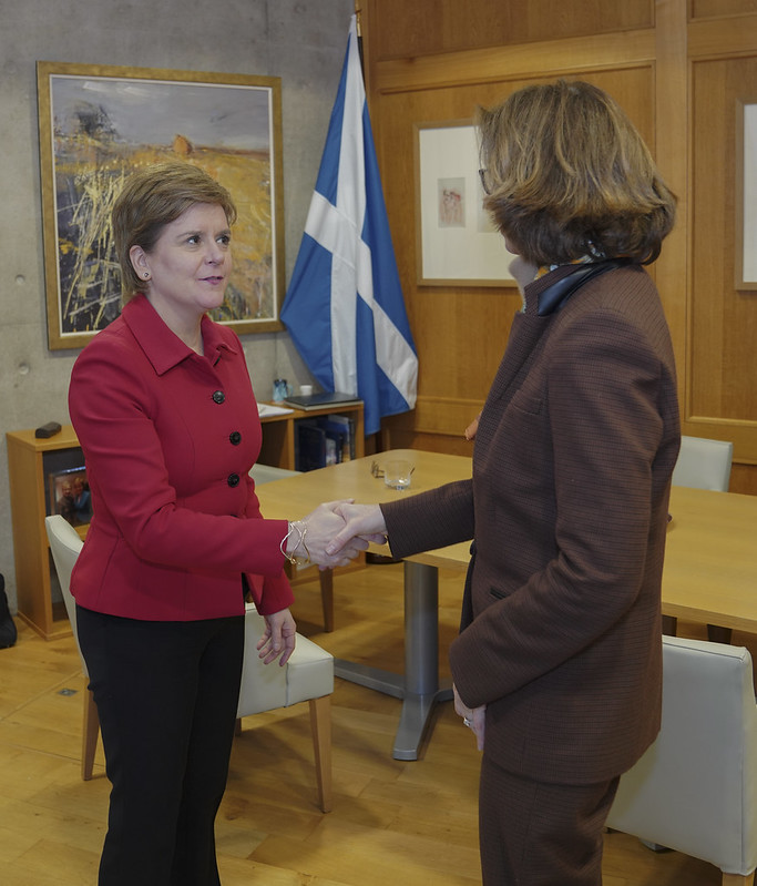 ScotGovFM's tweet photo. First Minister @NicolaSturgeon welcomed Hélène Duchêne to Scotland for the first time as the French Ambassador to the UK.

Collaboration between Scotland and France on climate change, biodiversity and agriculture was discussed, as well as engagement in sport and culture. https://t.co/sw99lUyrh0
