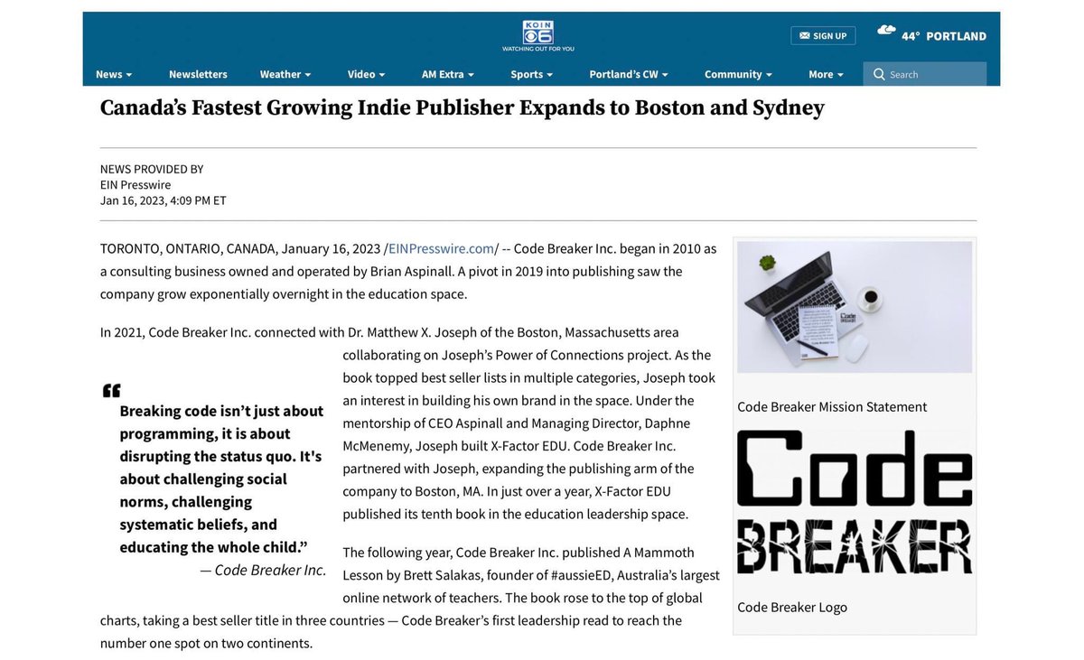 risktakeredu's tweet image. IN THE NEWS: Canada’s Fastest Growing Indie Publisher @codebreakeredu Expands to Boston and Sydney  

#CodeBreaker 
#XFactorEDU
#MammothEDU

fox59.com/business/press…