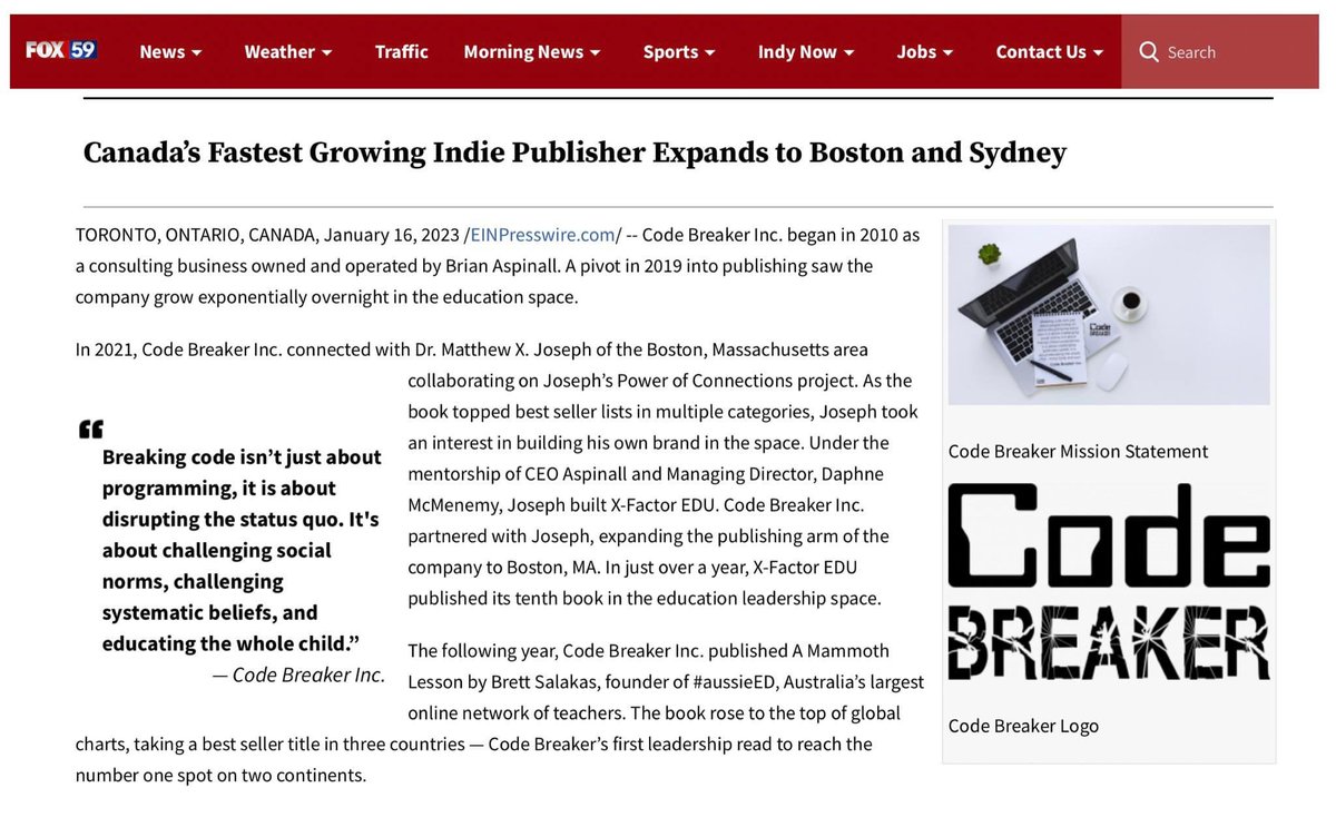 risktakeredu's tweet image. IN THE NEWS: Canada’s Fastest Growing Indie Publisher @codebreakeredu Expands to Boston and Sydney  

#CodeBreaker 
#XFactorEDU
#MammothEDU

fox59.com/business/press…