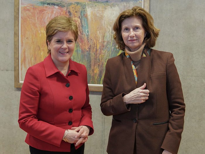ScotGovFM's tweet photo. First Minister @NicolaSturgeon welcomed Hélène Duchêne to Scotland for the first time as the French Ambassador to the UK.

Collaboration between Scotland and France on climate change, biodiversity and agriculture was discussed, as well as engagement in sport and culture. https://t.co/sw99lUyrh0