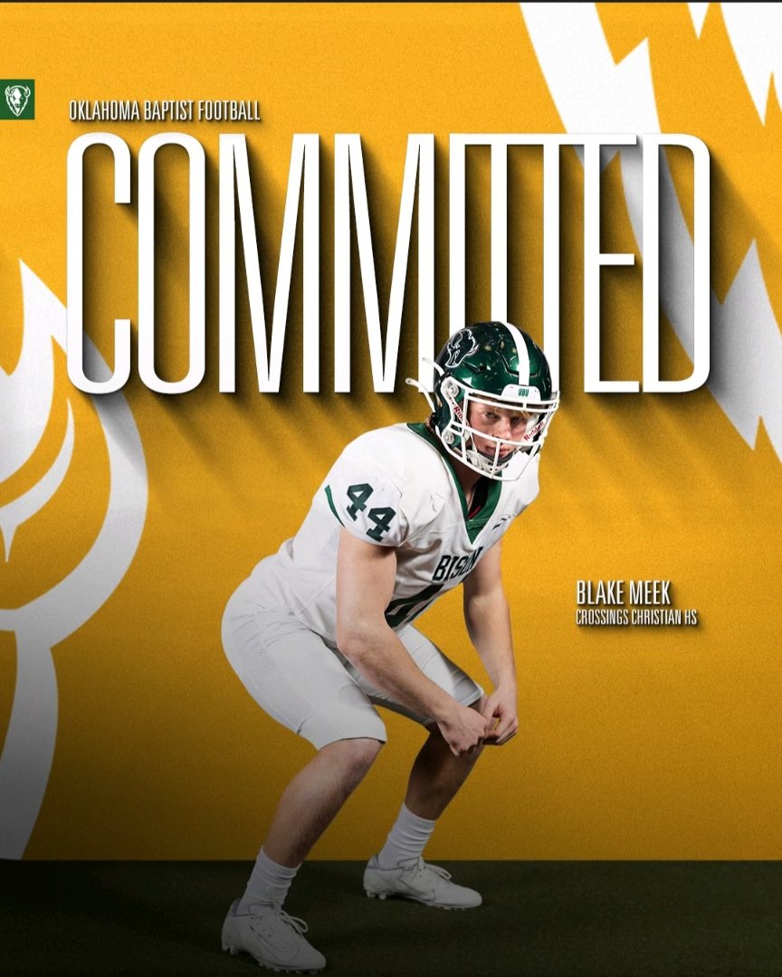 I’m excited to announce I am 100% COMMITTED to <a href="/OBU_Football/">OBU Football</a>! Thank you <a href="/GabeEliserio/">Coach Gabe Eliserio</a> <a href="/backercoach/">CoachJasonMelot</a> &amp; <a href="/OBUCoachJensen/">Chris Jensen</a> for giving me this opportunity! #BeABison