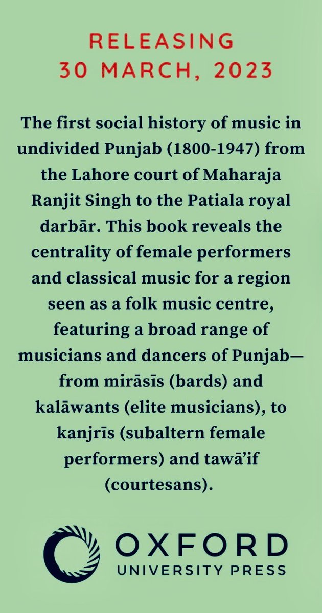 RadhaKapuria's tweet image. Releasing 📆 30 March 2023 🥳
The 1st social history of musicians and dancers across undivided Punjab 🇮🇳🇵🇰 featuring a wide cast- from tawa’if to mirasis, kanjris to kalawants, &amp;amp; from Maharajas &amp;amp; Sahibs to Bibis &amp;amp; Ustads 📚🎼📕
📩DM now to pre-order your copy.
#AcademicTwitter