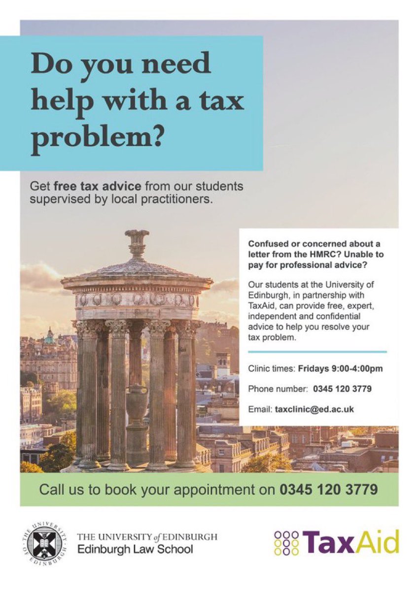 Scottish Tax Clinic (@scottaxclinic) on Twitter photo A Happy New Year & we are back open tomorrow!
☎️ 0345 120 3779
📧 taxclinic@ed.ac.uk
More information below 👇👇👇 A Happy New Year & we are back open tomorrow!
☎️ 0345 120 3779
📧 taxclinic@ed.ac.uk
More information below 👇👇👇