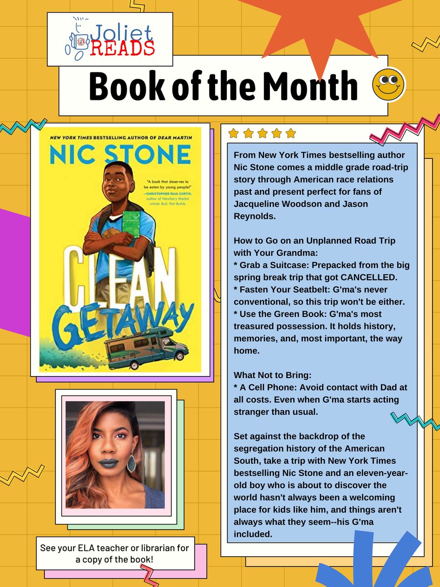 146reads1's tweet photo. Excited to announce that Joliet Reads, January Book of the Month for middle school students is Nic Stone's Clean Getaway. Grab the book from your ELA classroom or building's library! #JolietReads #nicstone #cleangetaway @penguinrandom https://t.co/HLI4AYi9VF