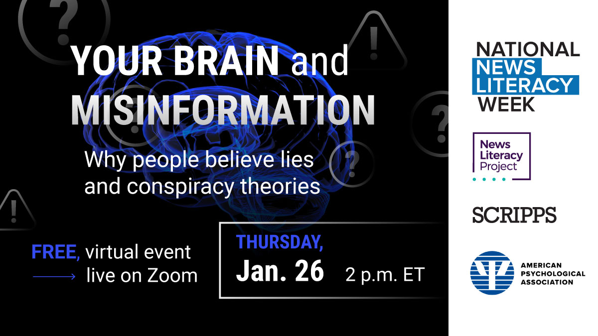 Our brains do amazing things, but they also make us vulnerable to falsehoods. Why? Join an expert panel that includes NLP's <a href="/PeterD_Adams/">Peter Adams</a>, &amp; authors <a href="/DoctorYasmin/">Dr. Seema Yasmin is barely on here</a> &amp; <a href="/Sander_vdLinden/">Sander van der Linden</a> on Jan. 26 to learn how to protect yourself. 

FREE event with <a href="/APA/">American Psychological Association</a>: bit.ly/NNLW23apa