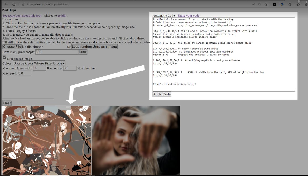 thelotteryforum's tweet photo. Now has simple interface - so you can procedurally control your pixel drops, and apply it to different source images.
https://t.co/glLXSNMwfr
#abstract #generative #art #fromimages #abstractart #javascript #coding #html #customsettings #customize #interface https://t.co/YIpTa2SCdV