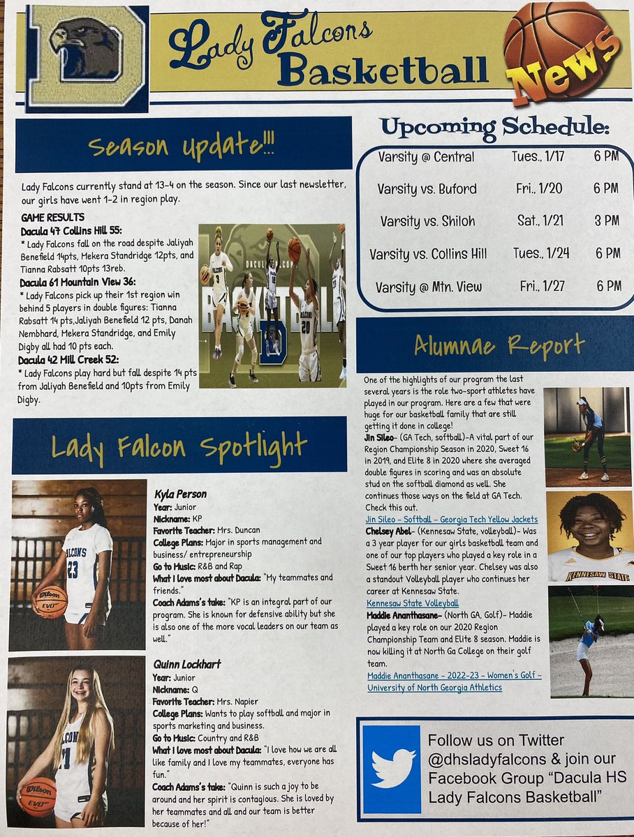 Here’s the latest in Lady Falcon Basketball News! Game updates, player profiles, alumnae reports! <a href="/DaculaHS/">Dacula High School</a> <a href="/DaculaAthletics/">Dacula HS Athletics</a> <a href="/DaculaTipoffCl/">Dacula Tipoff Club</a>