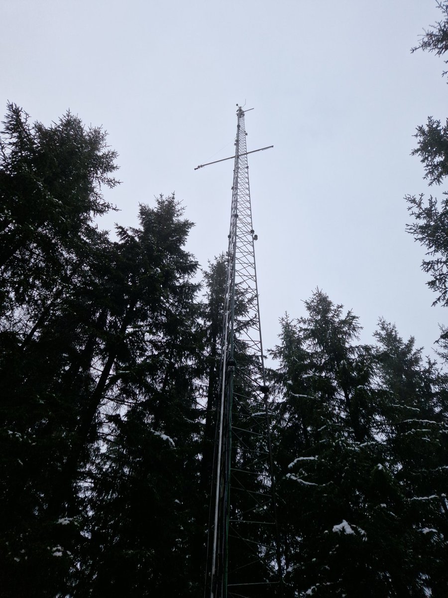 RasmJensen's tweet photo. A chilli day in the tower. Hostiting the new boom for the net radiometer at #ICOS associated ecosystem station at Gludsted Plantation. After three hours aloft we have installed everything and ready to record good data. https://t.co/nVuDDhcESL