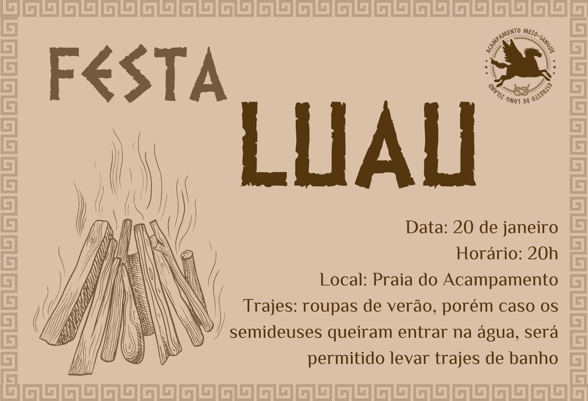 chb_rpgpjo's tweet photo. ⚠️ ATENÇÃO CAMPISTAS⚠️

Isso não é um teste de iniciação! Vocês, semideuses, estão convidados para nossa festa de boas vindas! 🎉
O tema será Lual, então preparem suas roupas de verão e chame seus companheiros de chalé, a festa acontecerá sexta feira. Esperamos vocês! https://t.co/6A6Fj9v6pG