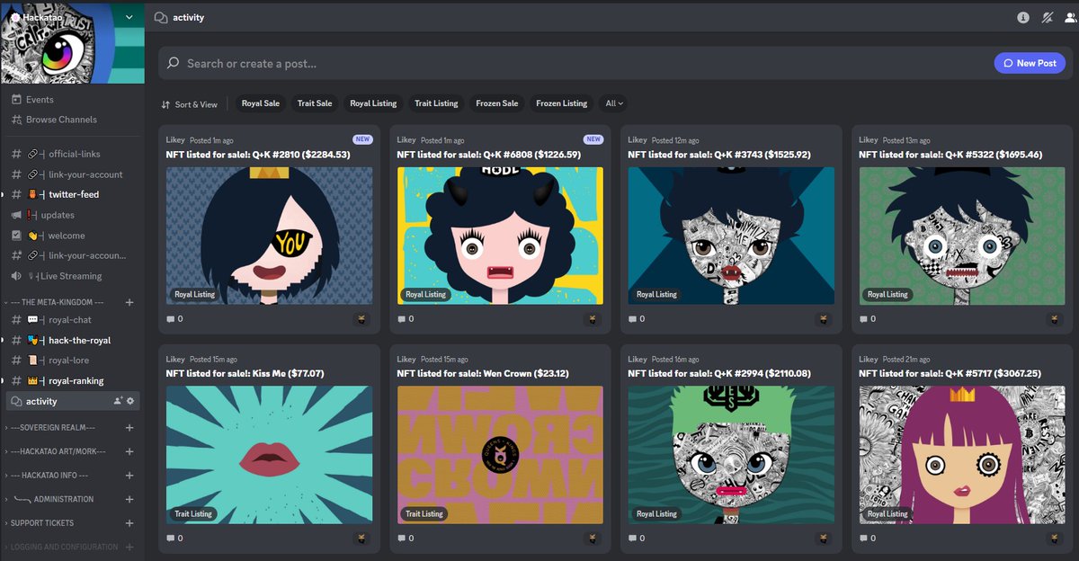 LikeyServices's tweet photo. @opensea Listings can now be posted into the new @discord 'forum' channels, with tags automatically applied!

Hover over the channel for a summary, or click for a gallery/list view!

Currently enabled in the  @QK_Hackatao Community https://t.co/Y2iYTUxUKU