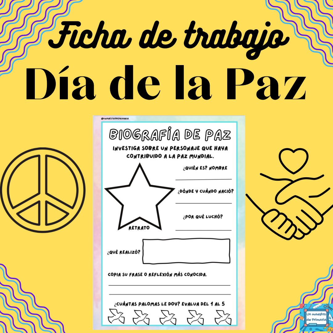 peter558ct's tweet photo. ✌️ ¡Qué poquito queda para el día de La Paz!☮️ 
💫Por aquí os dejo una fichita de investigación sobre los personajes de Paz que cambiaron el mundo.💫
🏅Cada alumno puede escoger el suyo y trabajarlo para compartirlo✌️ 
#diadelapaz #peace #pazescolar #claustrovirtual https://t.co/3tMpJJPpxh