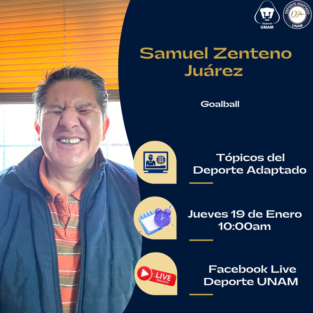 DAdaptadoUNAM's tweet photo. ⚠️👩🏻‍🦯👨🏻‍🦽 Tópicos del Deporte presenta: "Goalball"🏐👩🏻‍🦯👨🏻‍🦯

📆  Jueves 19 de Enero 2022
⏰ 10:00 horas 🇲🇽 

👉 Facebook Live de @deporteunam 

https://t.co/L5DTFfSAqY

#UNAM #DeporteAdaptado #DeporteAdaptadoUNAM 
#SoyDeporteUNAM https://t.co/DJsPfPCFFk