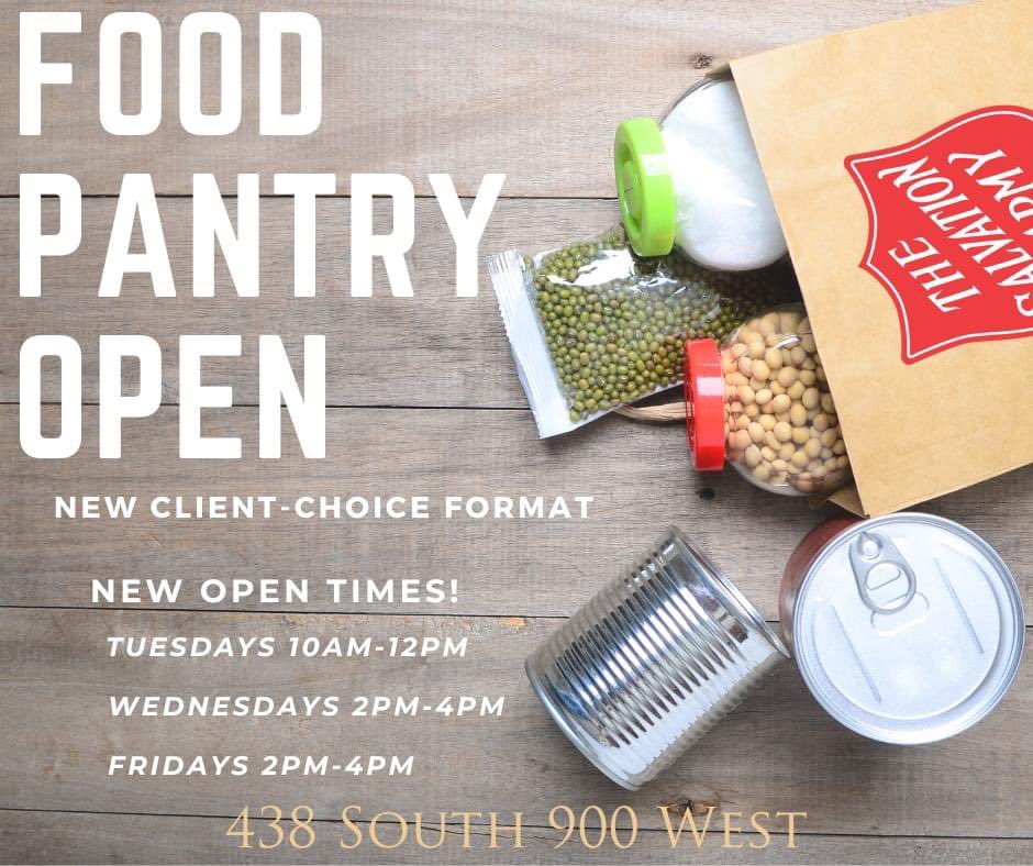 SalArmySLC's tweet photo. Our food pantry is open again! Our NEW HOURS are Tuesdays 10am-12pm, Wednesdays 2pm-4pm, and Fridays 2pm-4pm. If you need food assistance, please come and see us. https://t.co/zIdMAuHsqe