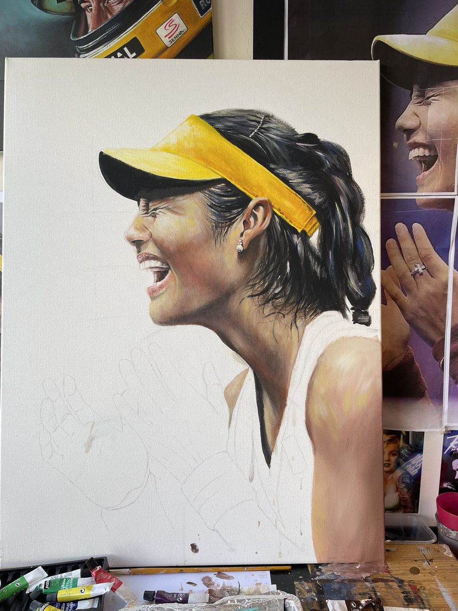 JustinEagleton's tweet photo. My finished acrylic portrait of @EmmaRaducanu at that magical moment she won the @usopen in 2021! Please RT #emmaraducanu #UsOpen #tennis #justineagleton https://t.co/NAL6gj1KNf