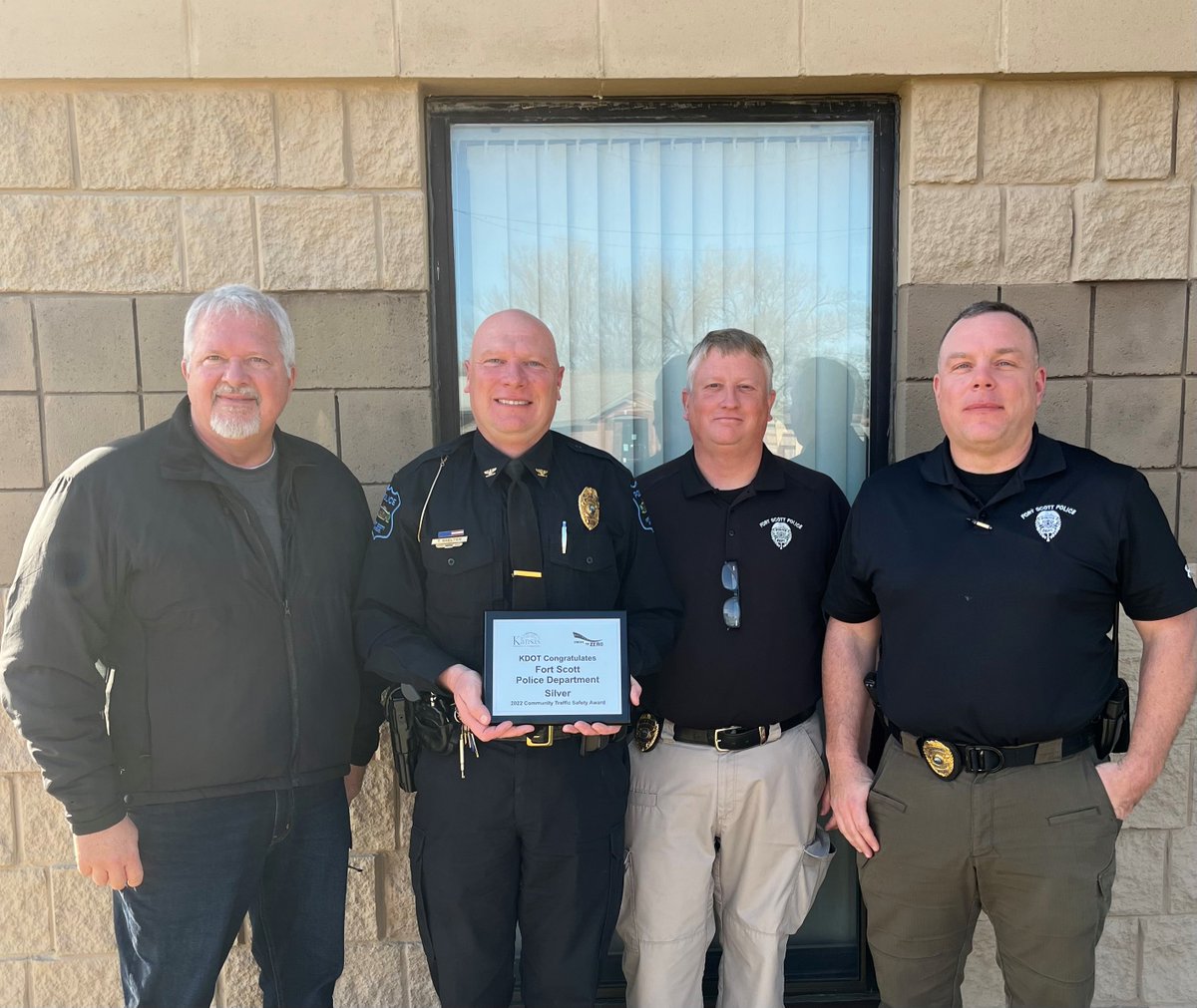 Congratulations to the Fort Scott Police Department for receiving a silver Community Traffic Safety Award. 

Chief Travis Shelton, Captain Jason Pickert and Officer Mike Trim accepted the award from KDOT Law Enforcement Liaison Daniel Kiser.

<a href="/PoliceFortScott/">Fort Scott Police Department</a>
