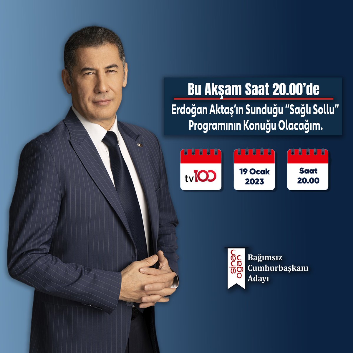 Türk Milliyetçilerinin bağımsız cumhurbaşkanı adayı Sayın Sinan Oğan bu akşam 20.00'de @tv100 kanalında @aktaserdogan 'ın sunduğu #SağlıSollu programının konuğu oluyor. Müsait olanları ekran başına davet ediyoruz. #OAnGeliyor