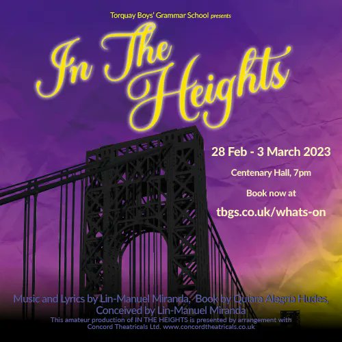 TorquayBoysGS's tweet photo. dare to be entertained.  

We are delighted to announce tickets are now on sale for this year's musical, In The Heights.  The concept, music, and lyrics by Lin-Manuel Miranda, the musician who brought us Hamilton and Encanto.  Tickets can be purchased here https://t.co/OCc2HZF3XH https://t.co/lD3BhdR6xS