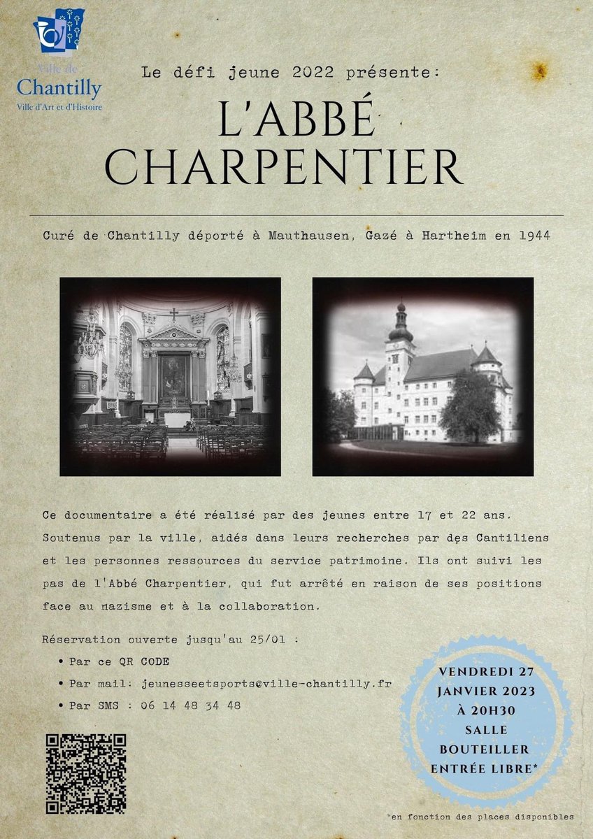 mathmarguerit's tweet photo. Des jeunes du #Défijeune sont allés sur les traces de l'abbé Charpentier. Arrêté, envoyé à Royallieu, déporté à Mauthausen puis gazé à Hartheim. Des collégiens du @DesChantilly ont retrouvé des traces d’une famille juive de Chantilly déportée. 
#villedechantilly https://t.co/kX0ROMM6Ww
