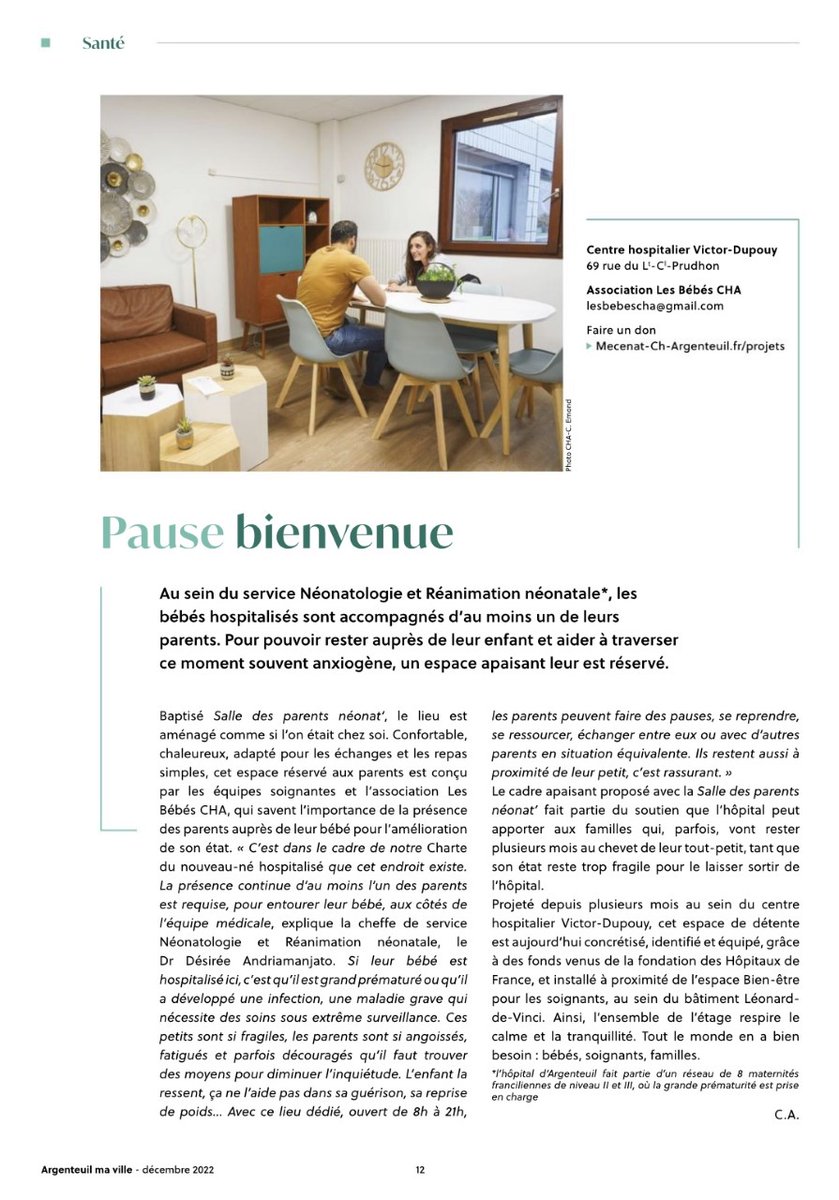CH_Argenteuil's tweet photo. #bébé2023 I👶Depuis qqls semaines, un espace au cadre apaisant, a ouvert ses portes au @CH_Argenteuil, pour accueillir les familles des bébés hospitalisés en #neonat.
📌Article à retrouver en page 12 du mag' de @VilleArgenteuil 👉https://t.co/gieQHyaSnW https://t.co/lYWkNjXI0e