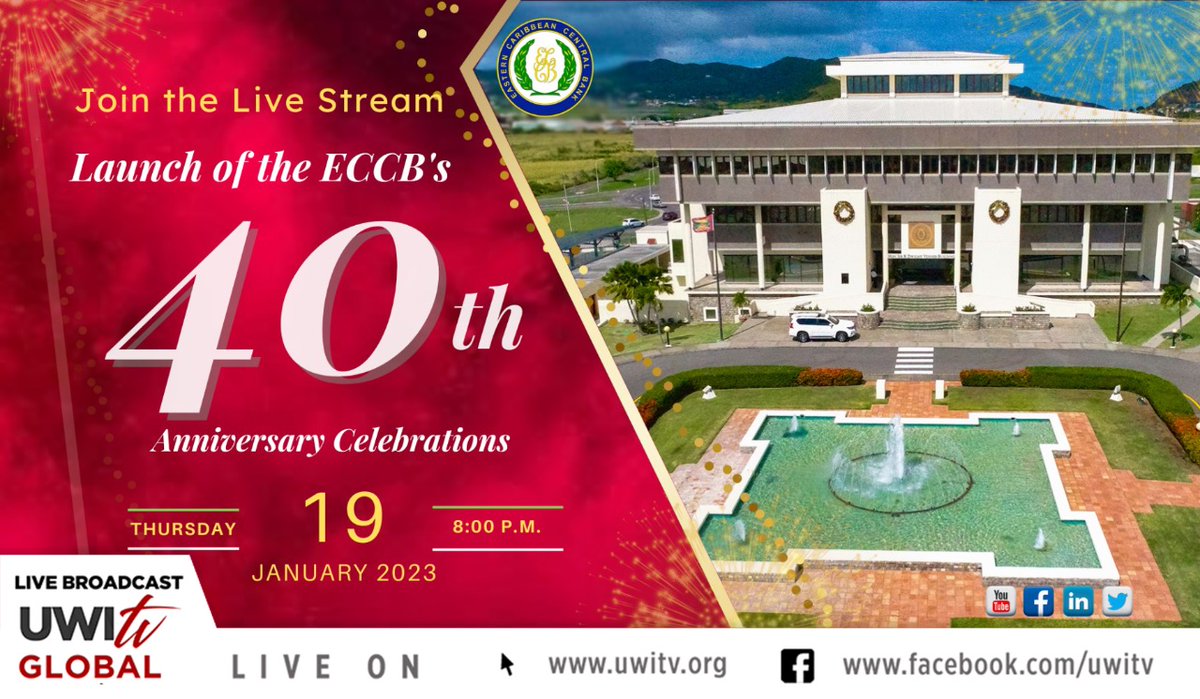 UWITv's tweet photo. Join us for the Launch of the ECCB's 40th Anniversary Celebrations on #UWITV.
๐๏ธ Thursday, January 19, 2023 | 8:00 p.m. (Eastern Caribbean/AST) | 7:00 p.m. (Jamaica).
Live on https://t.co/luMYSBWCrN and https://t.co/Hw2TFOBt9H https://t.co/OJnN8i4mTw